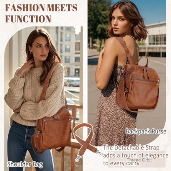 Convertible PU Leather Backpack Purse for Women, Adjustable Straps, Multiple main image 4